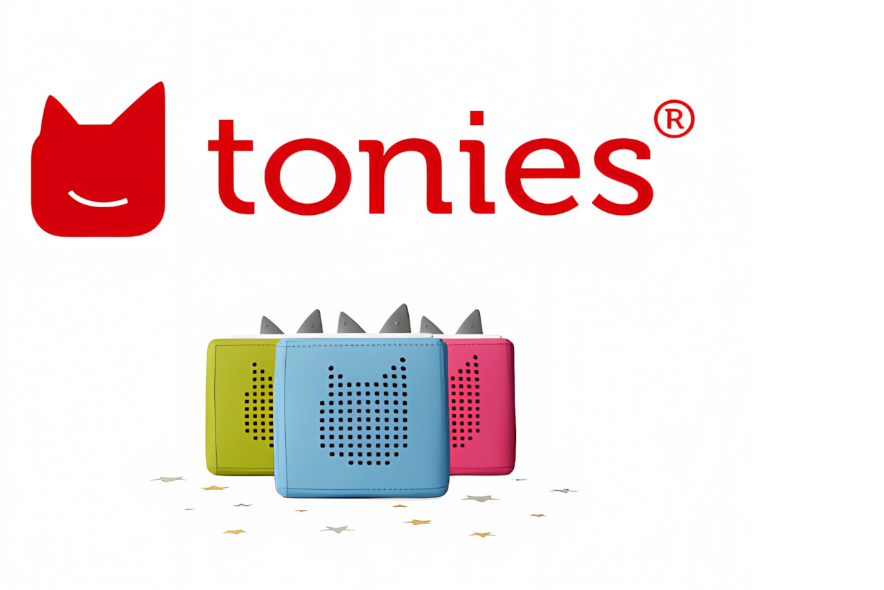 A cat logo with a caption reading Tonies. Three Tonies devices are displayed below in varying colors.