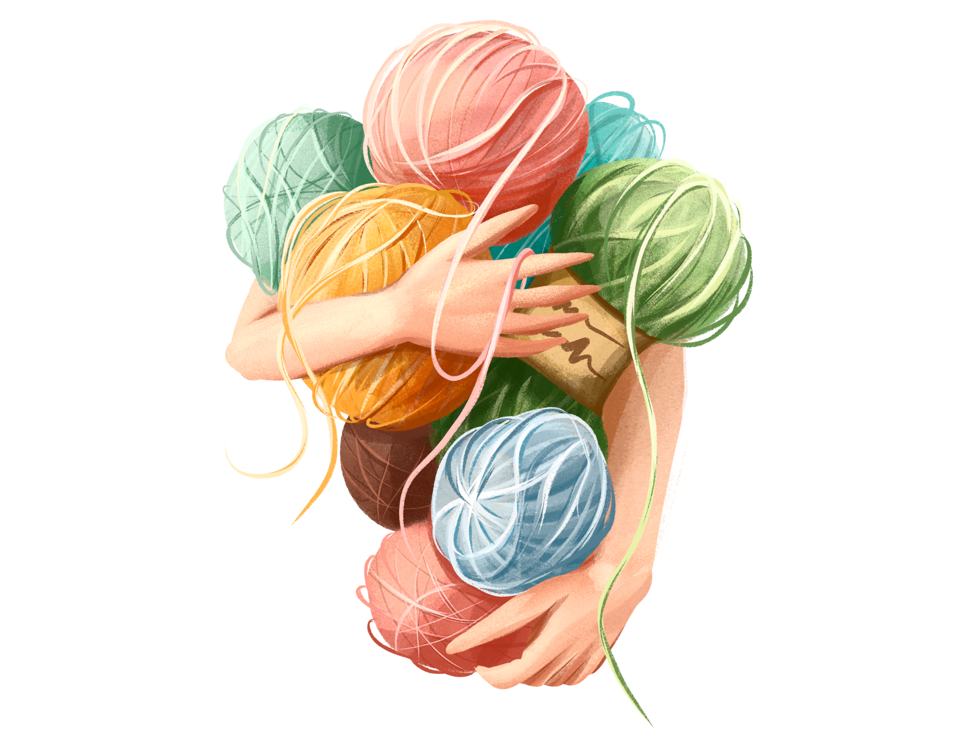 Cartoon Hands Holding Several Yarn Balls